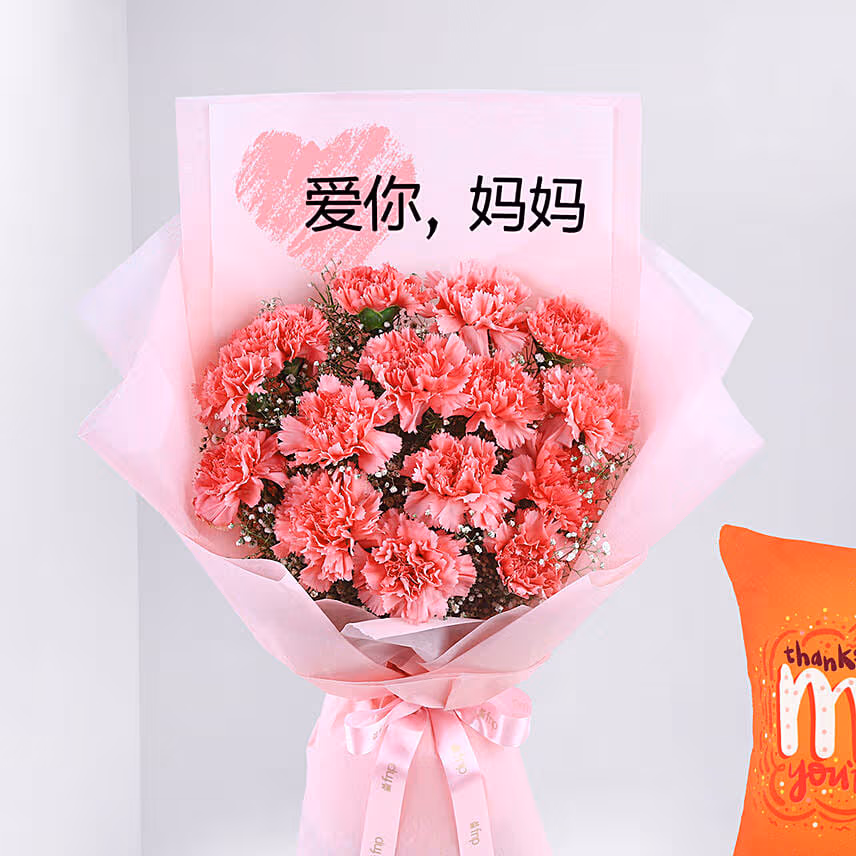 Mothers Day Carnation Bouquet with Mom Cushion