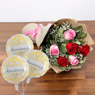 Sweet Roses Bunch With Anniversary Balloon