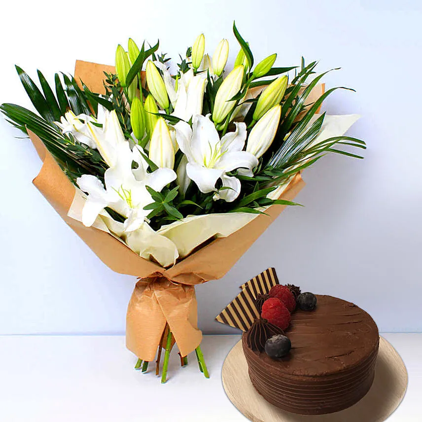White Beauty Lilies Bouquet With Chocolate Cake