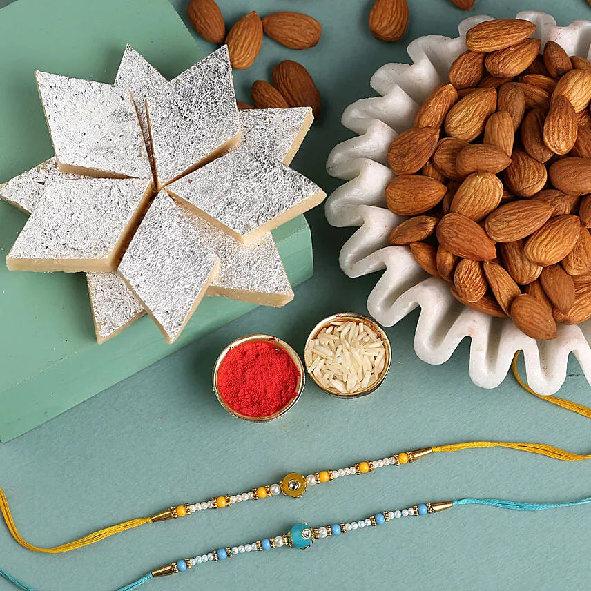 Sneh Vibrant Pearl Rakhis With Kaju Katli & Almonds
