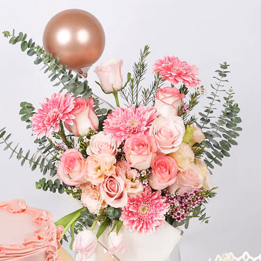 Pink Flowers Blush Arrangement & Strawberry Cake