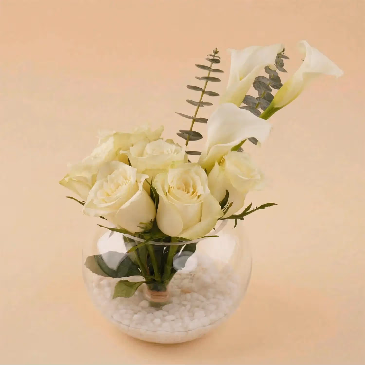 Elegant White Rose & Calla Lily Fish Bowl Arrangement