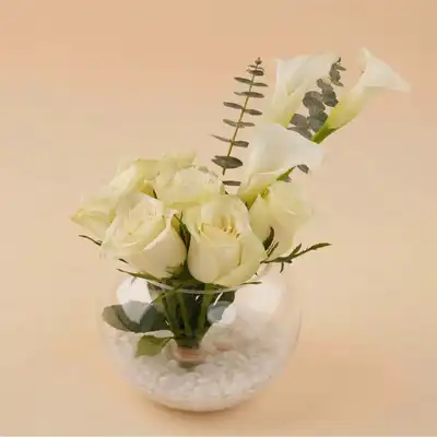 Elegant White Rose & Calla Lily Fish Bowl Arrangement