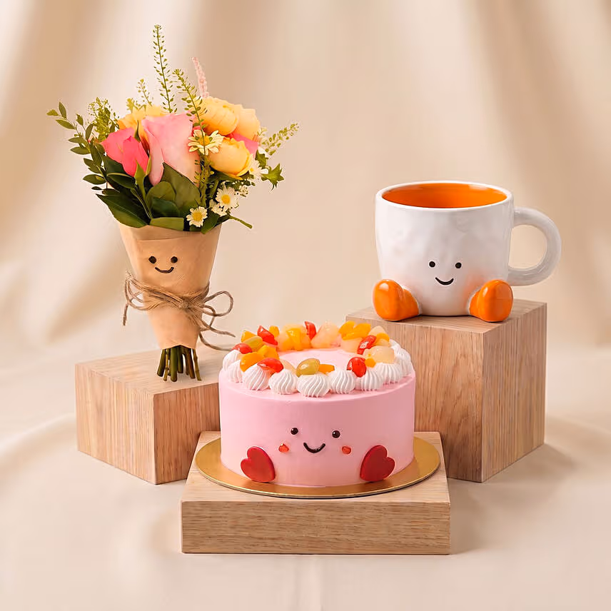 Jellycat Gift set with Bouquet, Cake and Orange Mug