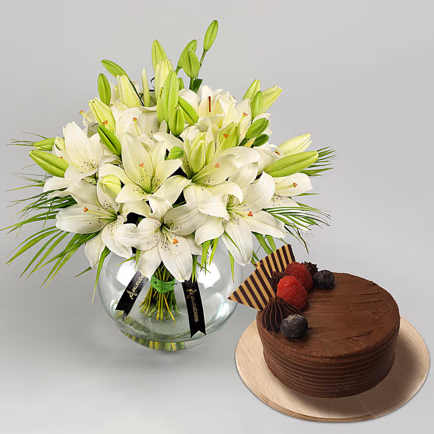 Lilies Happiness Arrangement With Chocolate Cake
