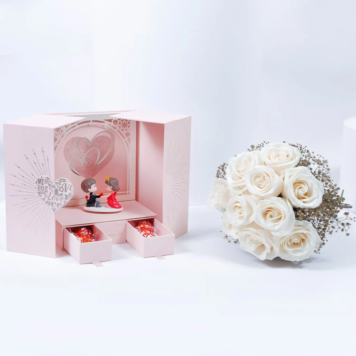 Sweet Romance Gift Set | Elegant White Rose Bouquet & Chocolates