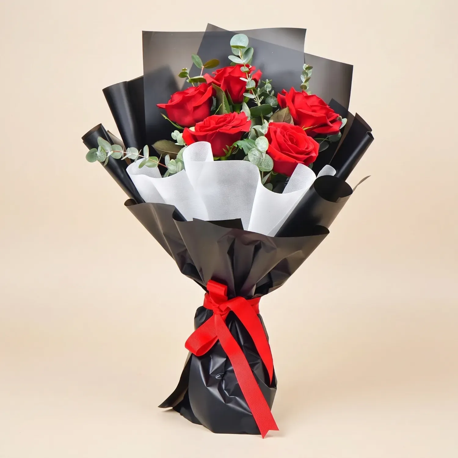 Elegant 5 Red Roses Bouquet with Eucalyptus