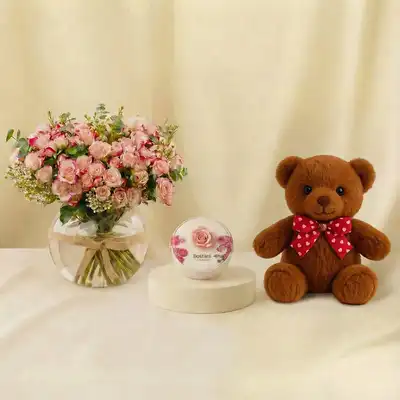 Exquisite Pink Spray Rose Vase - With Chocolate n Teddy