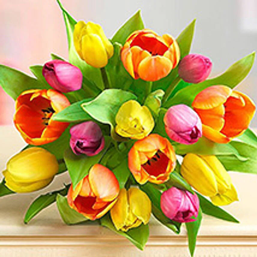 Heavenly 15 Multicoloured Tulips Vase Add