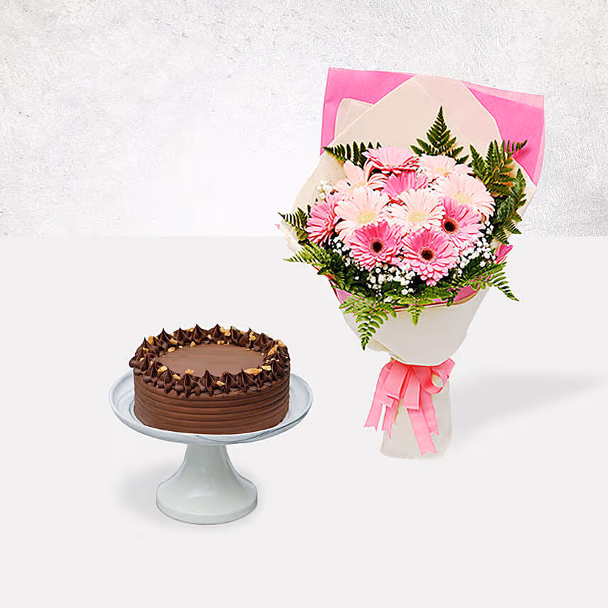 Chocolate Brownie Cake & Pink Gerbera Bouquet