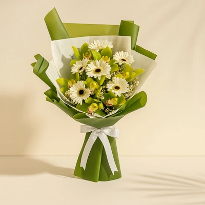 Elegant White Gerberas Bouquet with Green Cymbidium and Wax Flowers