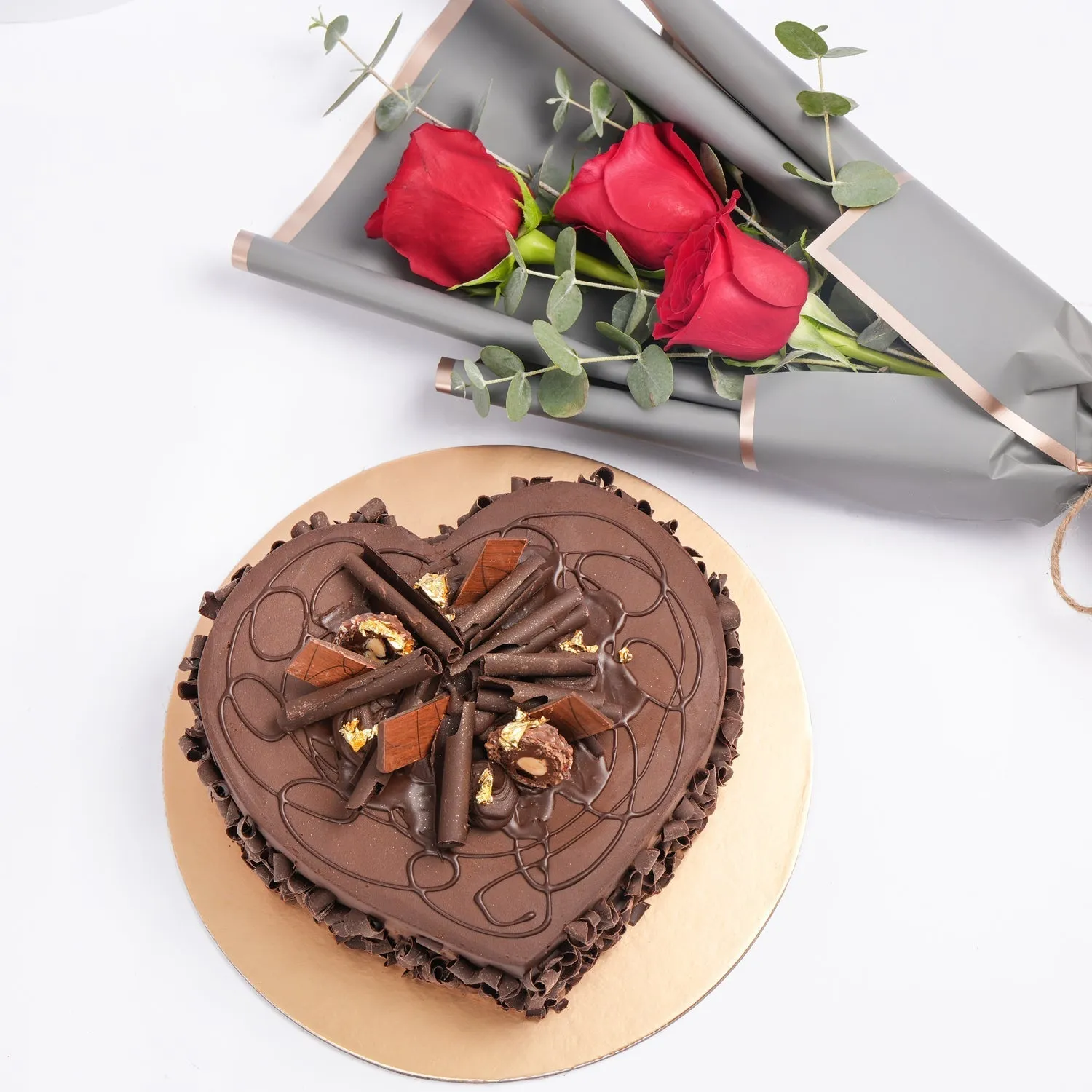 Elegant Red Roses Bouquet and Decadent Chocolate Cake Combo