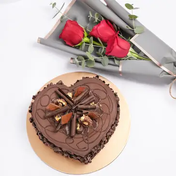 Elegant Red Roses Bouquet and Decadent Chocolate Cake Combo