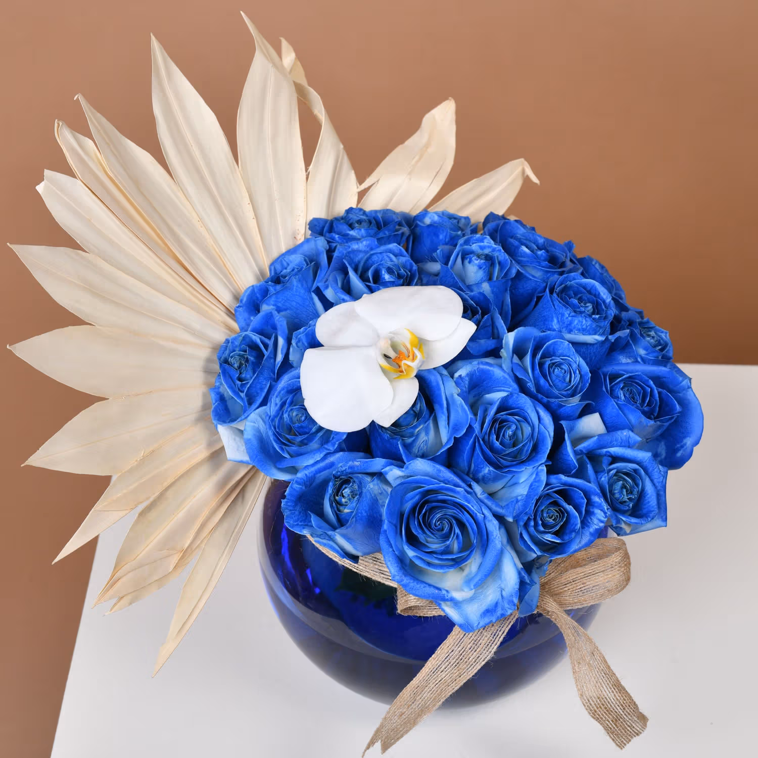 Mystic Blue Rose Ensemble in Elegant Fish Bowl Vase
