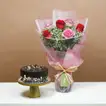 Romantic Blushing Roses Bouquet with Decadent Chocolate Hazelnut Cake