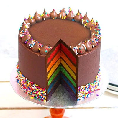 Spectrum of Delight: Exquisite Rainbow Layer Cake with Chocolate Ganache