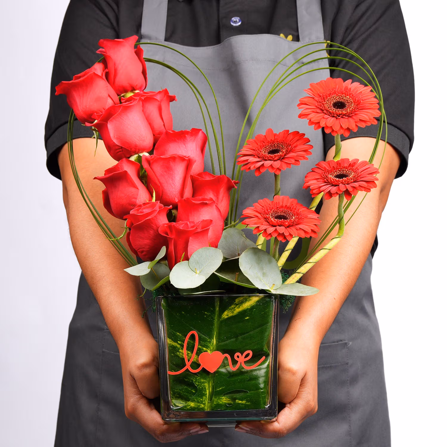 Eternal Love Blooms & Vase - Red Roses and Gerberas Arrangement