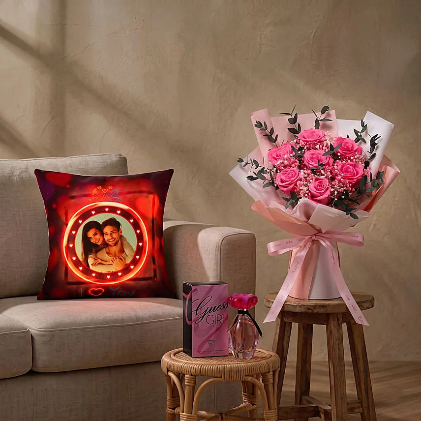 Preserved Roses, Perfume and Personalised Cushion