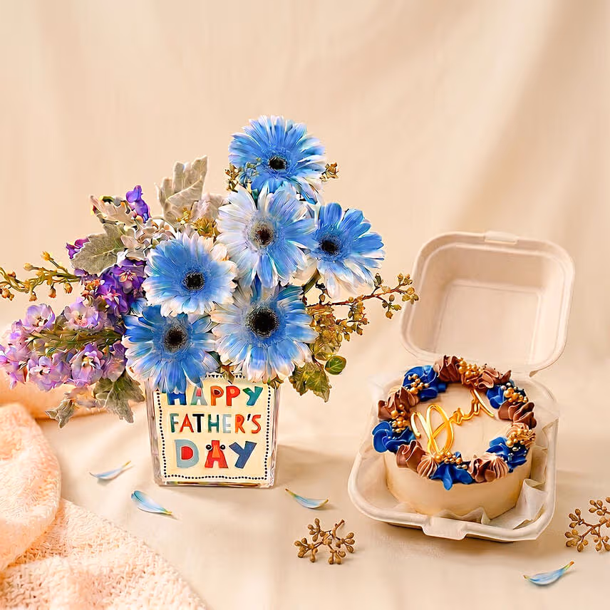 Father's Day Blue Gerbera Vase & Bento Cake Set