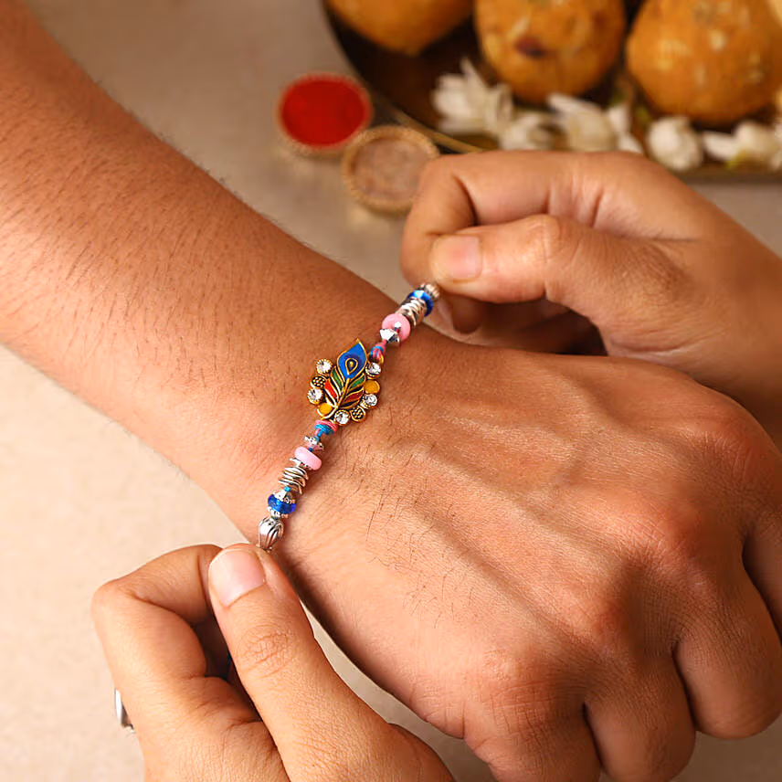 Sneh Peacock Feather Rakhi With Kaju Katli & Almonds