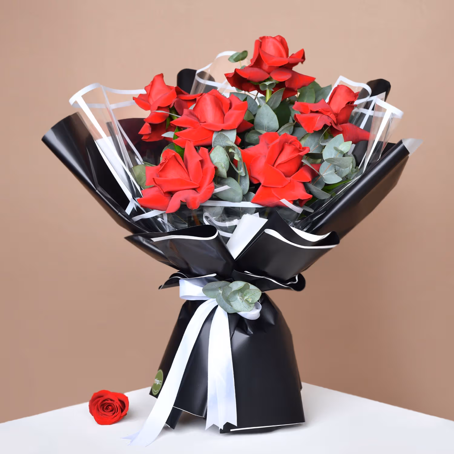 Elegant Red Rose Bouquet & Delightful Fresh Fruit Cake