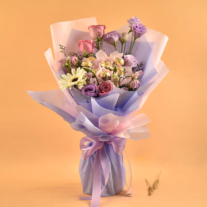 Mixed Flowers & Ferrero Rocher Bouquet With I Love You Table Top For Love