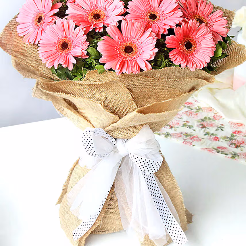 Refreshing Dark Pink Gerberas Bouquet With Chocolate Cake