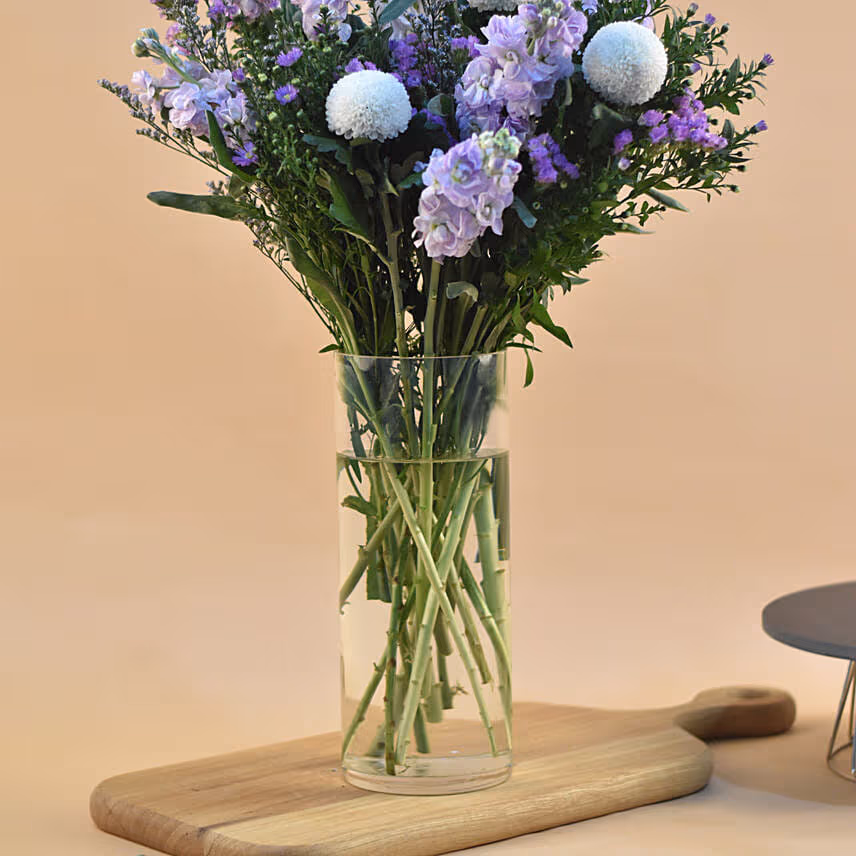 Mixed Flowers Cylindrical Glass Vase