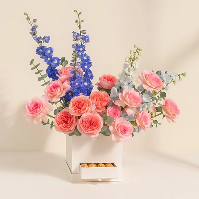 Elegant Garden Roses and Delphinium Floral Box with Ferrero Rocher