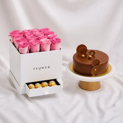 Elegant Pink Roses and Decadent Chocolates with Fudge Cake