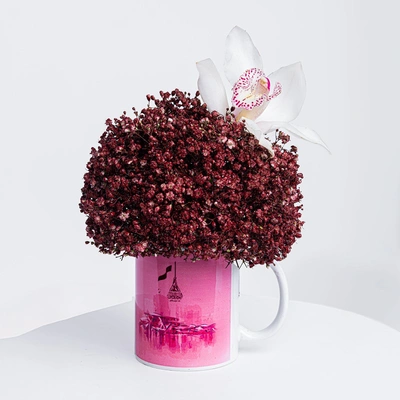 National Day Mug with Red Gypsophila and White Orchid