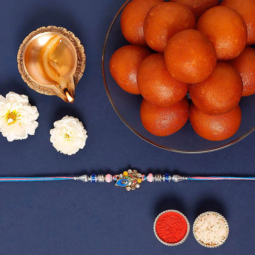 Sneh Designer Peacock Rakhi & Gulab Jamun