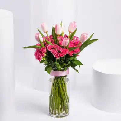 Charming Bouquet of Pink Tulips & Baby Roses in Elegant Glass Vase