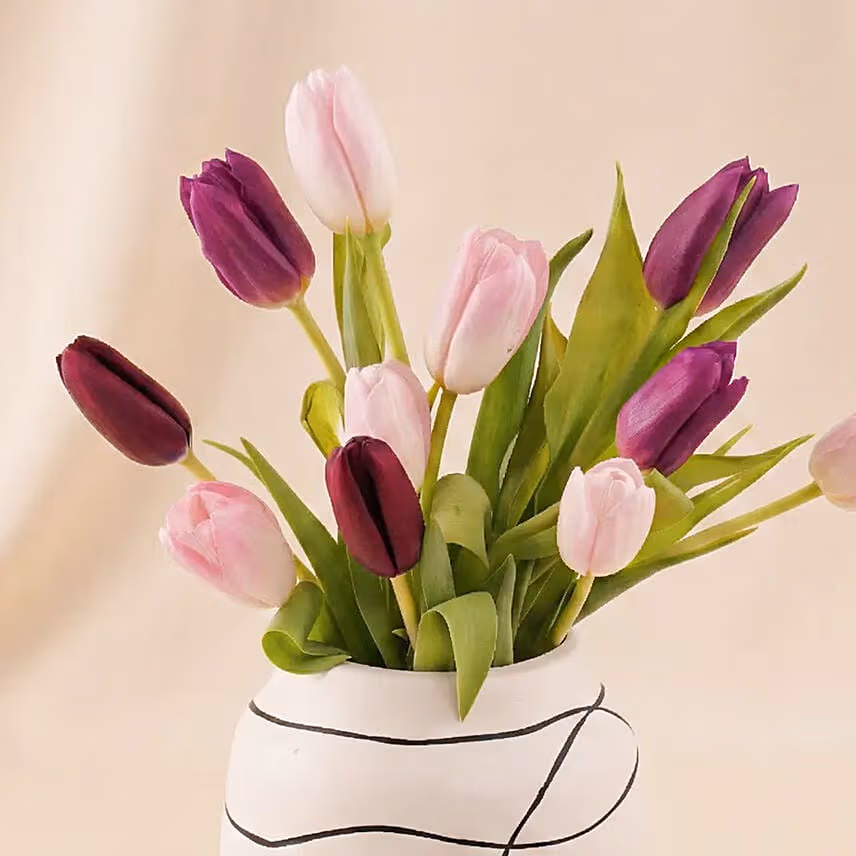 Pastel Pink n Plum Tulip Vase Arrangement