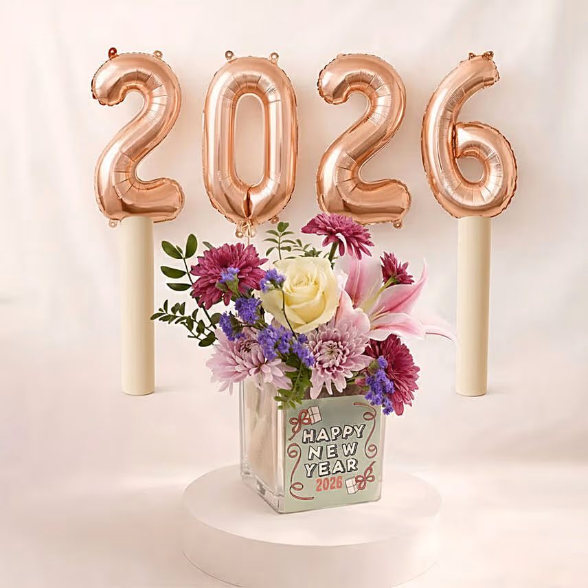 New Year Floral Arrangement with 2026 Balloon Bundle