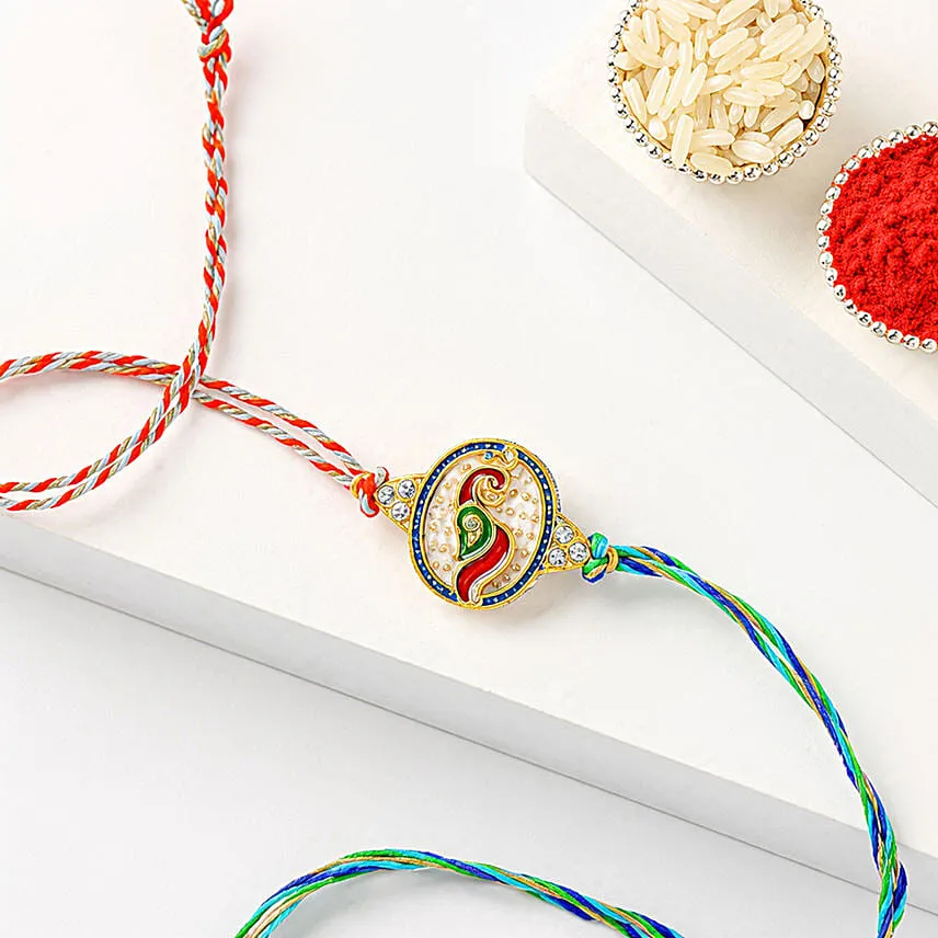 Multicolor Peacock Rakhi with Blue and Red Thread with Soan Papdi
