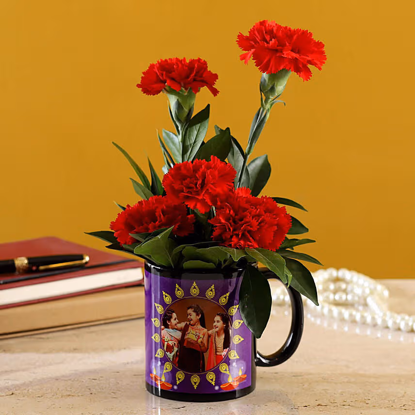 Red Carnations Bunch In Black Personalised Mug with Chocolate Cake