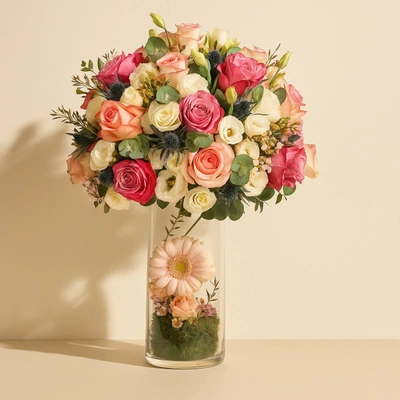 Elegant Mixed Purple and White Rose Vase Arrangement