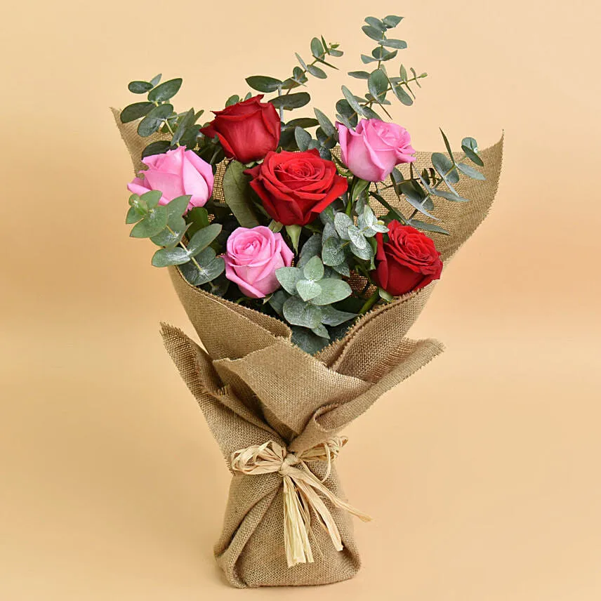 3 Pink 3 Red Roses Bouquet With Cake For Valentines