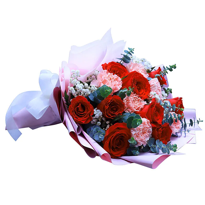 Rose & Carnation Bouquet With Mini Mousse Cake For Love