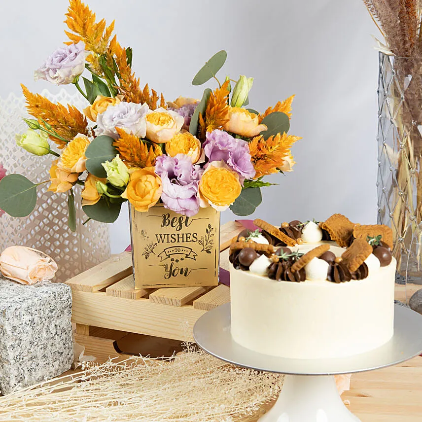 Best Wishes Flowers Arrangement with Cake