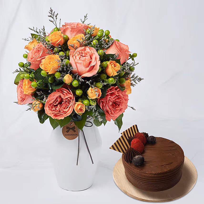 Exotic Flowers Ceramic Vase Arrangement With Cake