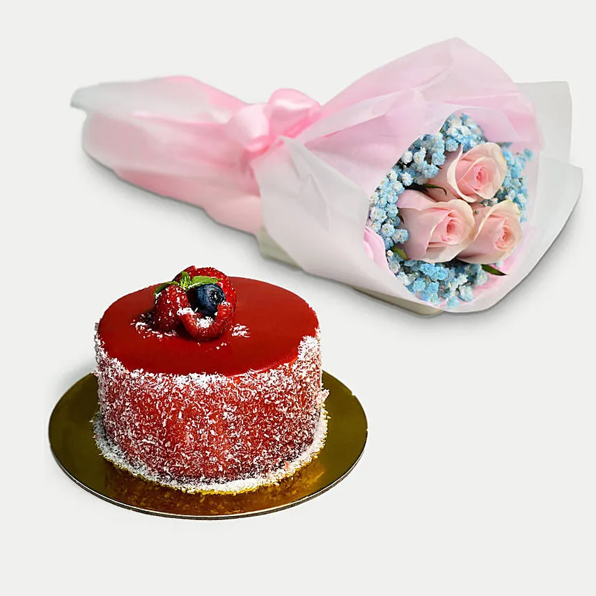 Lovely Pink Rose Baby Breath Bouquet With Mini Mousse Cake