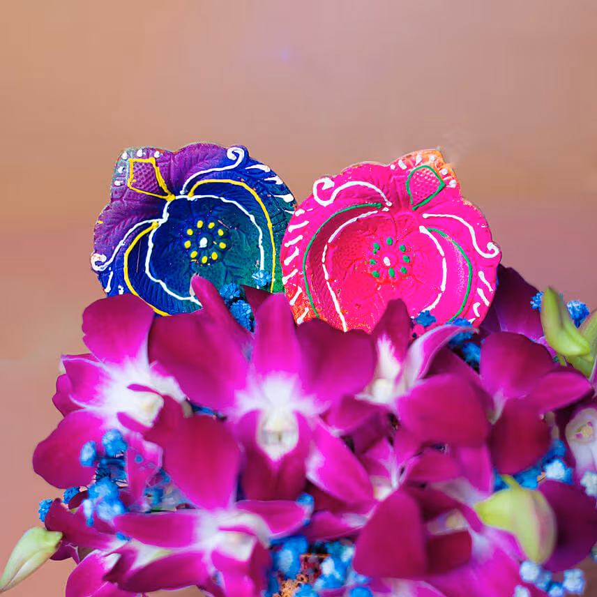 Orchids Vase N Diyas Deepavali Combo