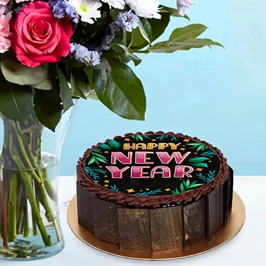 Mixed Flowers Vase with Cake