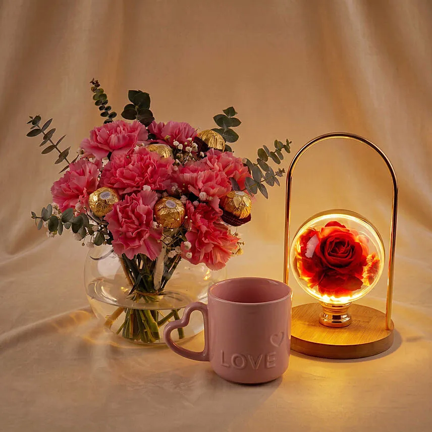 Romantic Rose Lamp, Carnation & Love Mug Gift Set