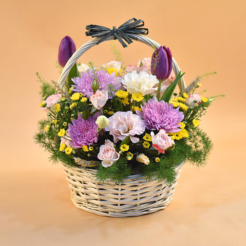 Striking Mixed Flowers Round Basket