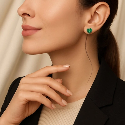 Elegant Heart-Shaped Green Glow Silver Earrings with Emerald Crystals