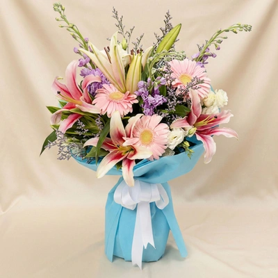 Attractive Gerberas And Lavender Flower Bouquet