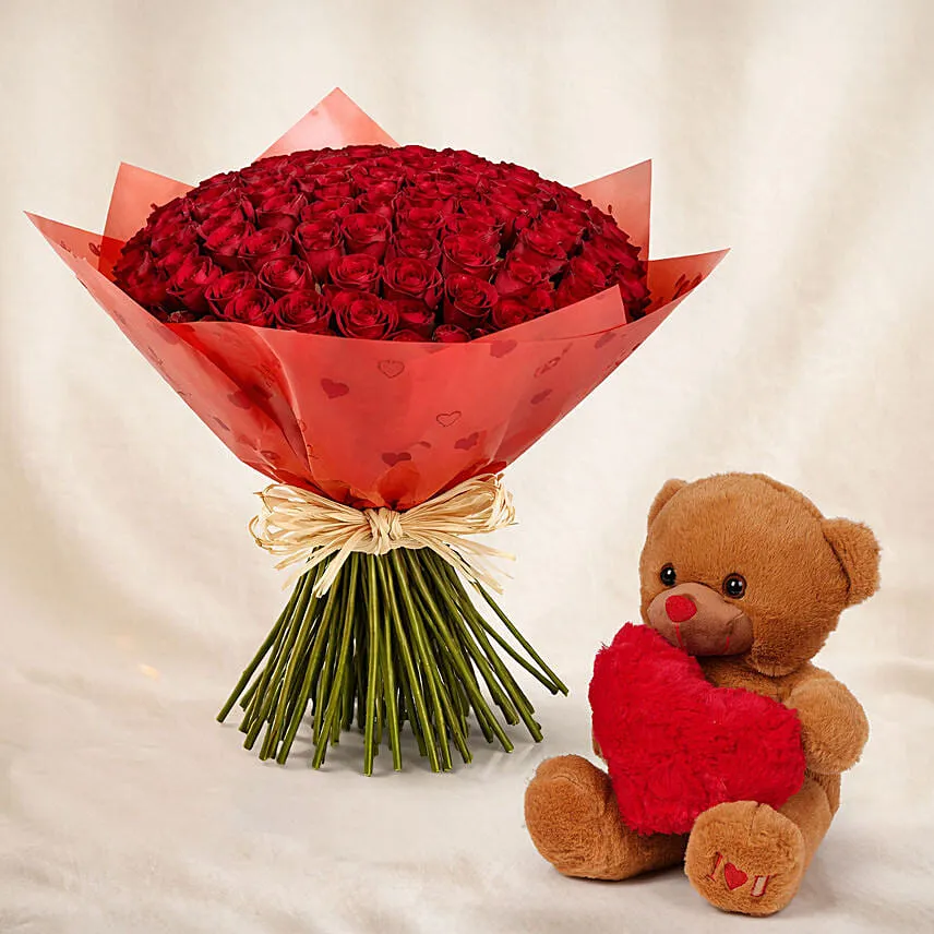 75 Dark Pink Roses Valentine's Bouquet with Teddy Bear